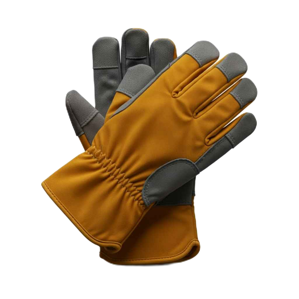 Custom leather gloves in brown and gray color with reinforced fingertips, shown on a black background.