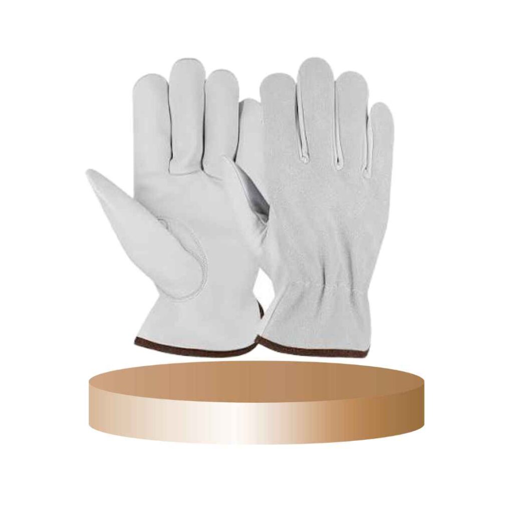 Pair of gray leather work gloves displayed on a round platform.