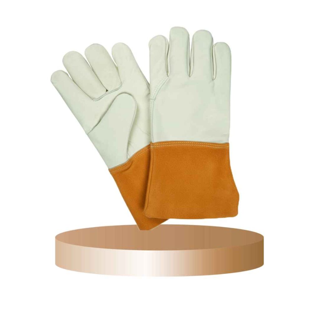 Pair of white and orange leather safety gloves displayed on a round platform.